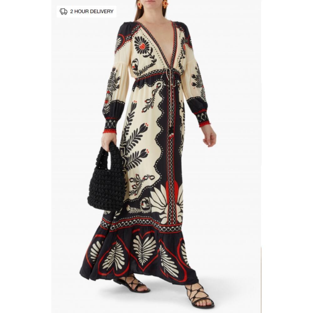Farm Rio Women's Passion Scarf Black Maxi Dress Green/Cream Women’s Size M NWT - Picture 9 of 16